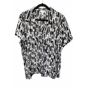 CJ Banks 2X Black White Abstract Button Front Career Lightweight Blouse